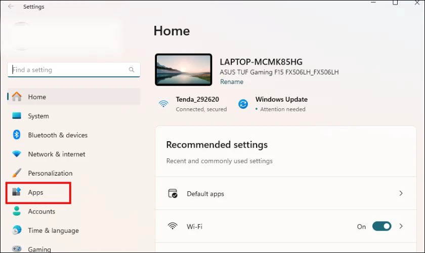 Mở Settings, vào Apps