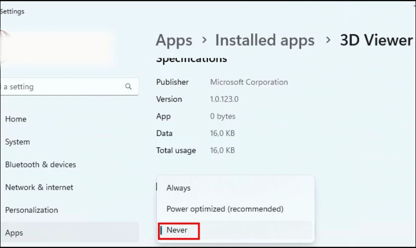 Tại mục Background app permissions, chọn Never để tắt chạy nền
