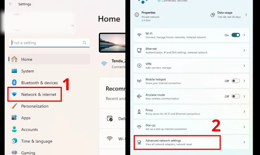 Mở Settings, chọn Network & Internet, nhấn vào Advanced network settings