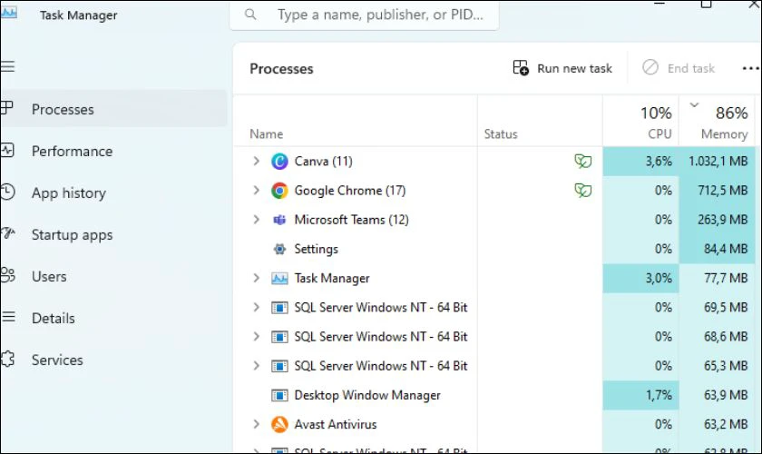 Mở Task Manager (Ctrl + Shift + Esc)