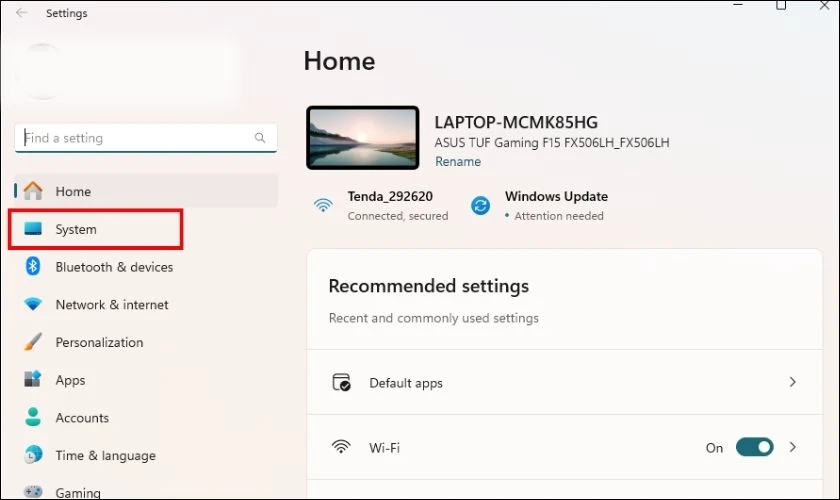 Mở Settings bằng tổ hợp Windows + I, chọn System