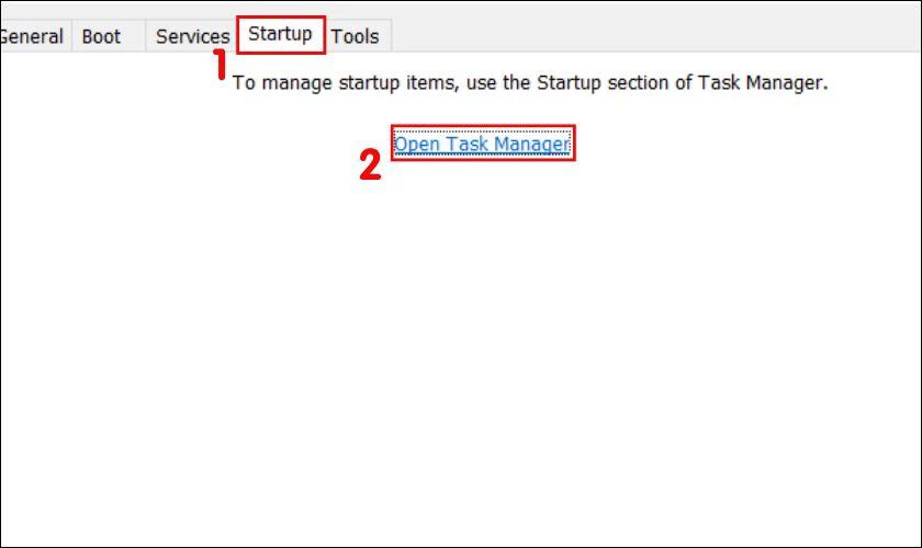 Nhấn chọn Startup, sau đ&oacute; chọn Open Task Manager