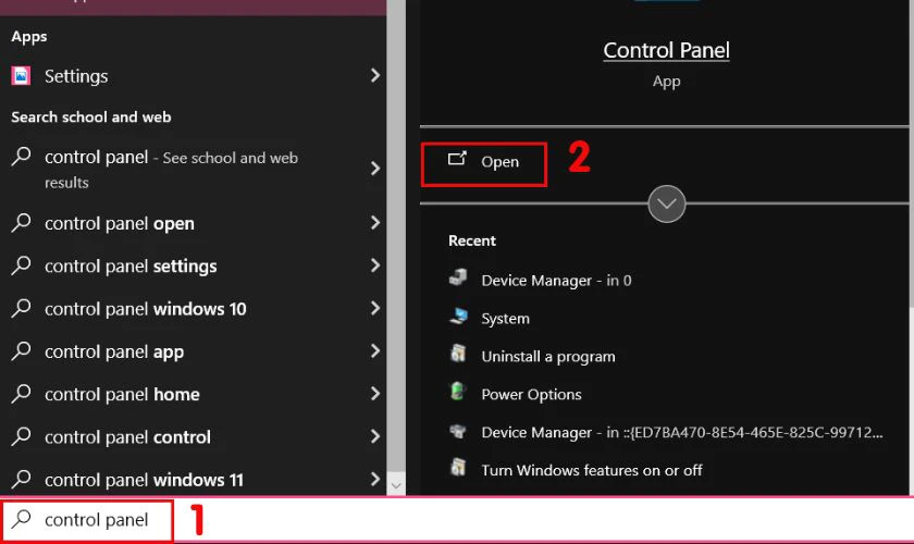 Nhấn biểu tượng Win để mở menu Start, t&igrave;m v&agrave; mở Control Panel