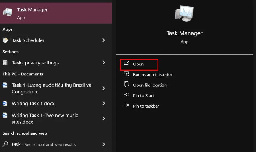 Mở menu Start, t&igrave;m v&agrave; chọn Task Manager