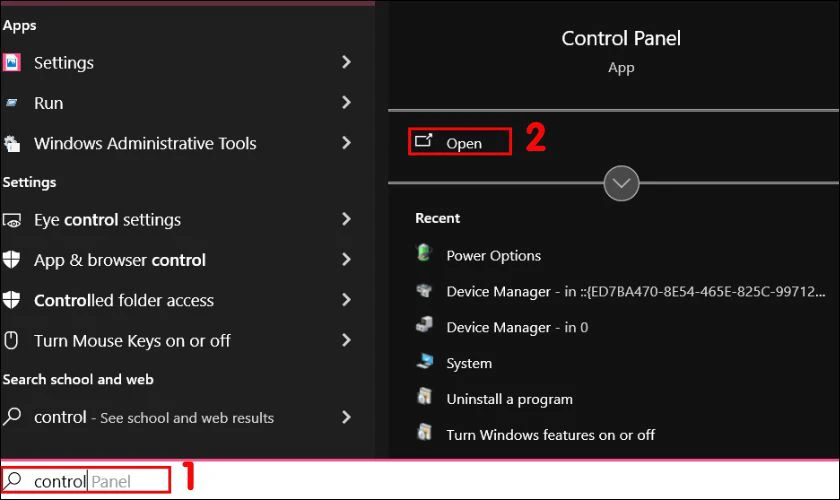 G&otilde; t&igrave;m v&agrave; nhấp v&agrave;o Control Panel