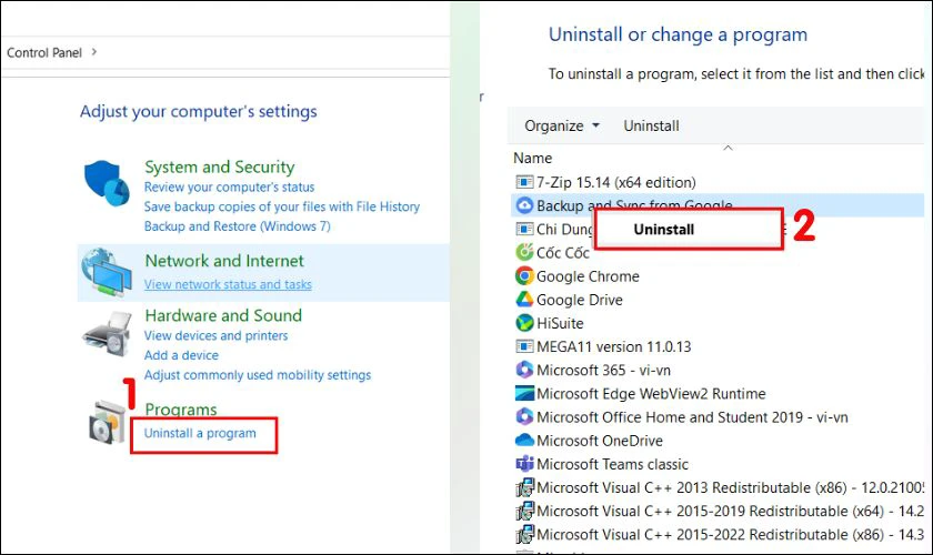 T&igrave;m tới mục Program v&agrave; chọn Uninstall programs