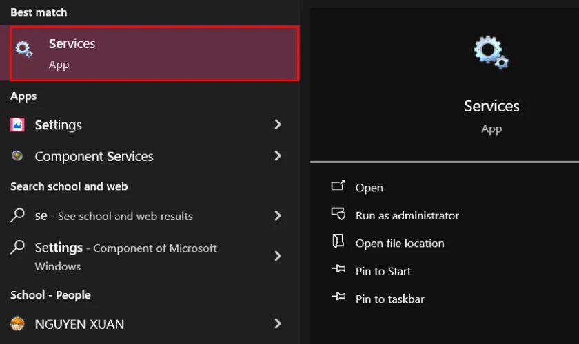 Nhấp v&agrave;o biểu tượng Windows tr&ecirc;n m&agrave;n h&igrave;nh, sau đ&oacute; t&igrave;m v&agrave; nhấp v&agrave;o Services