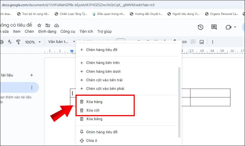 C&aacute;ch x&oacute;a cột hoặc h&agrave;ng trong bảng nhanh