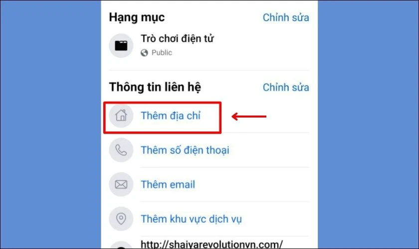 Th&ocirc;ng tin li&ecirc;n hệ, chọn v&agrave;o mục Th&ecirc;m địa chỉ