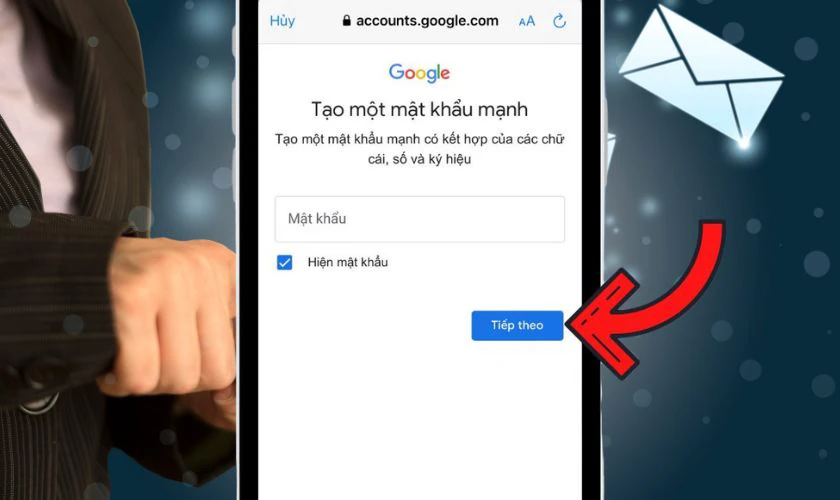 Nhập mật khẩu mạnh, gồm chữ cái, số...