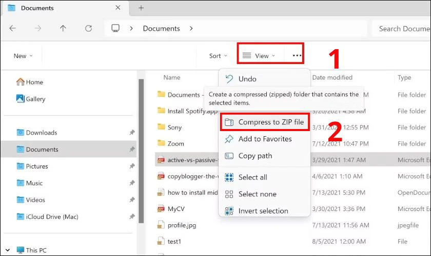 Chọn file, nhấp vào nút ba chấm trên cùng, sau đó chọn Compress to ZIP file