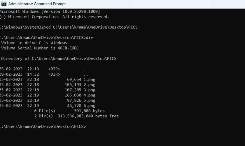 Nhập dir và nhấn Enter để các file bên trong thư mục đã chọn được hiển thị