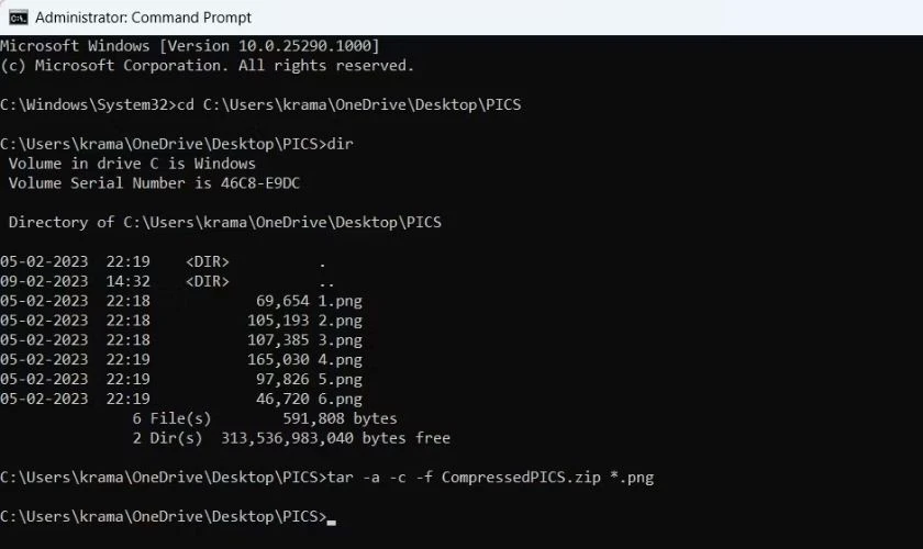 Để nén tất cả các file đã chọn, hãy nhập lệnh “tar -a -c -f Compressed.zip *.FileExt” và nhấn Enter