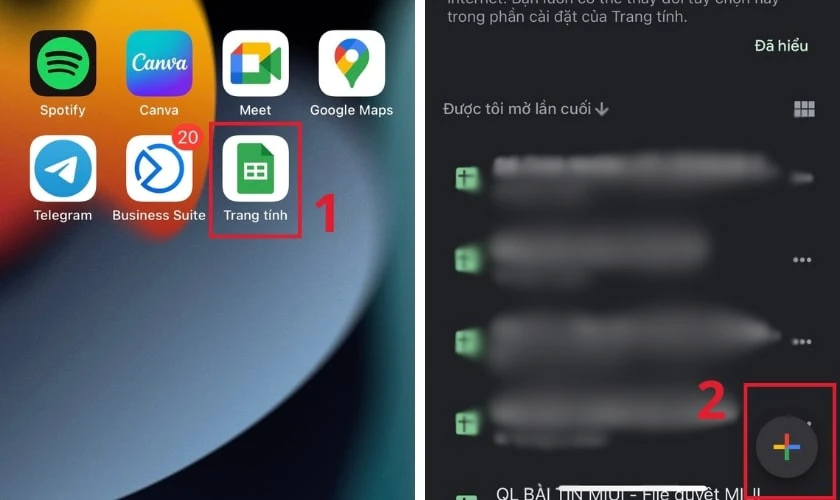 Mở ứng dụng để tạo Google Sheets tr&ecirc;n điện thoại