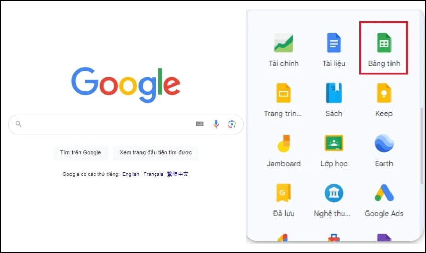 Từ danh s&aacute;ch c&aacute;c ứng dụng, k&eacute;o xuống v&agrave; chọn Google Sheets
