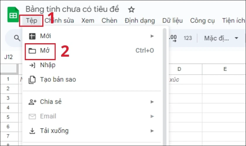 Ở thanh c&ocirc;ng cụ, chọn mục Tệp v&agrave; chọn Mở