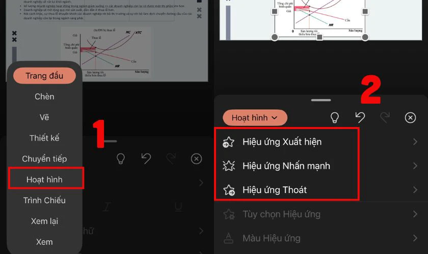 Chọn Hoạt h&igrave;nh rồi chọn hiệu ứng th&iacute;ch hợp với đối tượng đ&oacute;