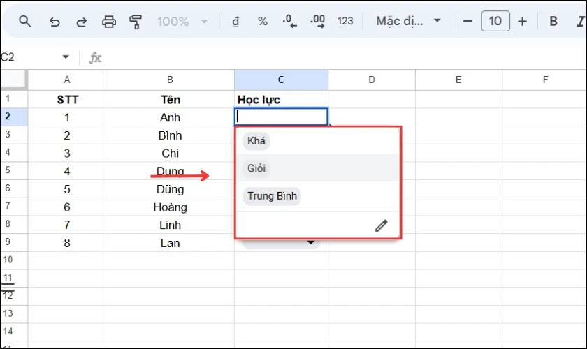 Kết quả sau khi tạo lựa chọn trong Trang t&iacute;nh