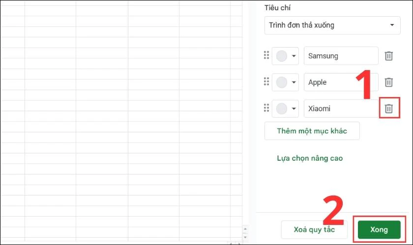 Bạn click v&agrave;o biểu tượng th&ugrave;ng r&aacute;c b&ecirc;n cạnh gi&aacute; trị cần x&oacute;a