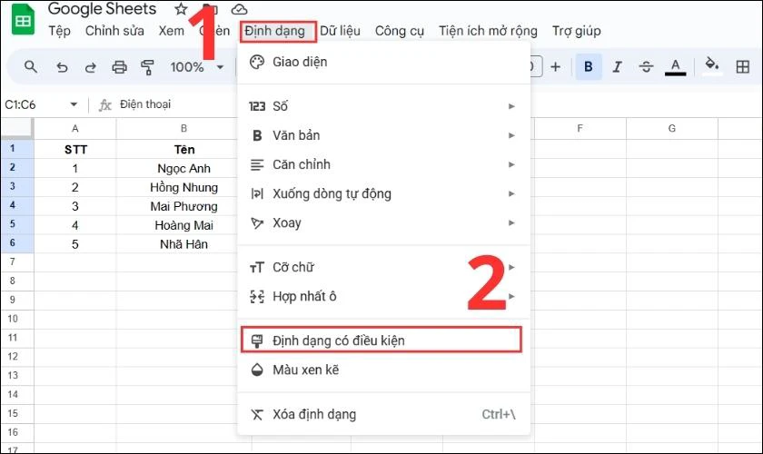 Chọn thẻ Định dạng để th&ecirc;m m&agrave;u cho bảng drop list