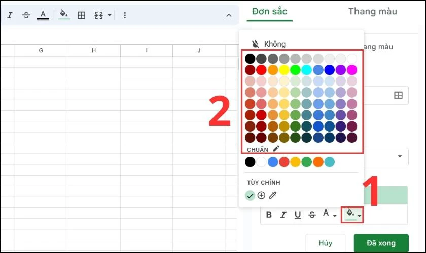 Bảng m&agrave;u đơn sắc để tạo drop list trong Google Sheets