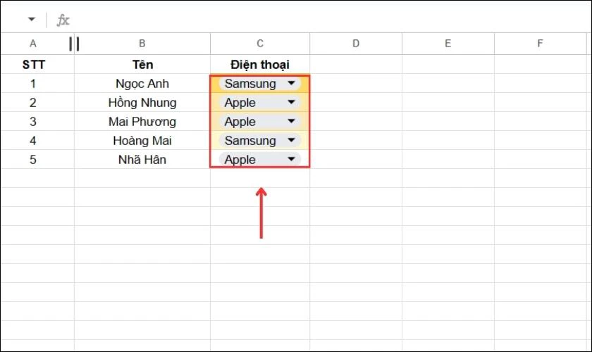 Kết quả sau khi tạo drop list theo thang m&agrave;u trong Google Sheets