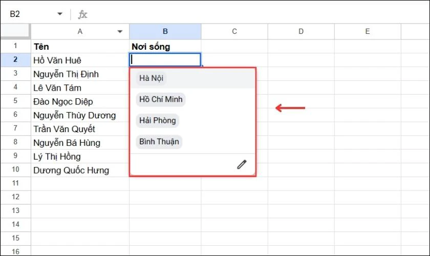 Kết quả sau khi bạn tạo drop list trong Google Sheets