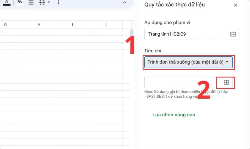 Tạo c&aacute;c lựa chọn trong Google Sheets từ Tr&igrave;nh đơn thả xuống