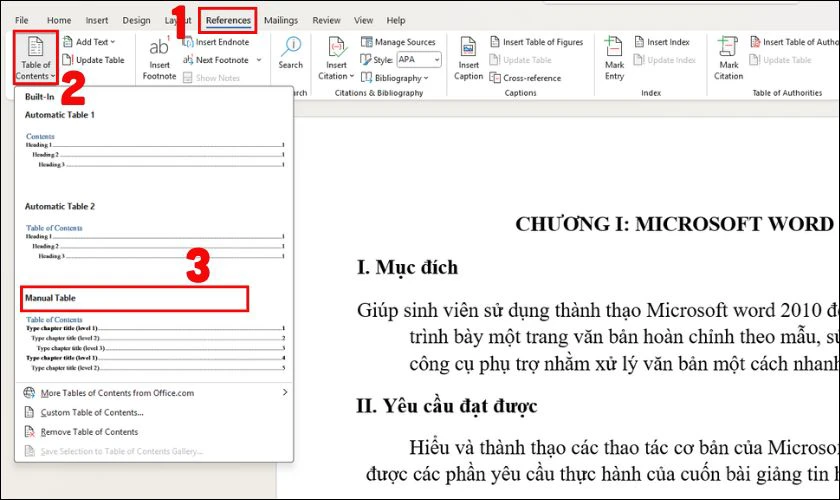 Chọn tab References tr&ecirc;n thanh c&ocirc;ng cụ, chọn Table of Contents