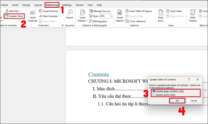 C&aacute;ch chỉnh mục lục trong Word v&agrave; cập nhật