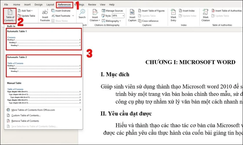 C&aacute;ch l&agrave;m mục lục tự động trong Word