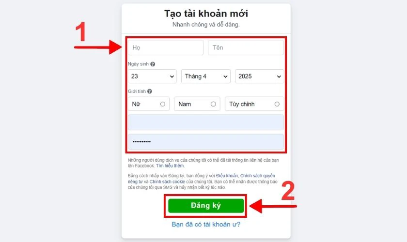 Sau khi điền xong, bấm Đăng k&yacute; để tiếp tục