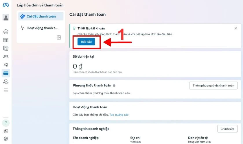 Bạn cần nhấn v&agrave;o Bắt đầu để tiếp tục qu&aacute; tr&igrave;nh tạo t&agrave;i khoản thanh to&aacute;n
