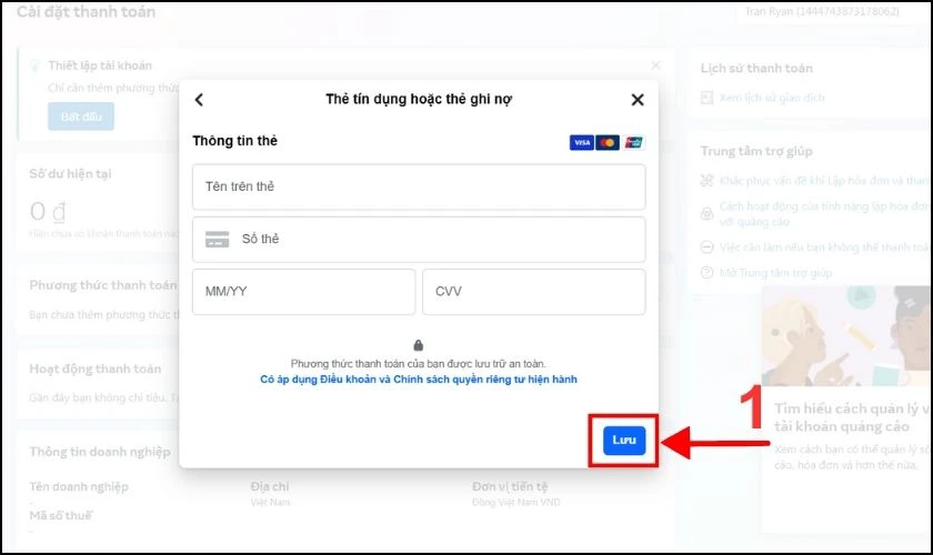 Điền th&ocirc;ng tin thẻ thanh to&aacute;n một c&aacute;ch ch&iacute;nh x&aacute;c