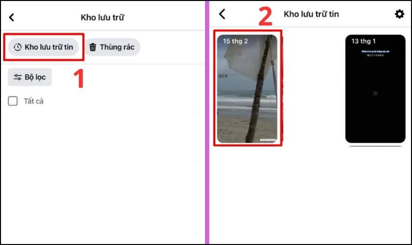Nhấn vào mục Kho lưu trữ tin phía trên cùng màn hình và chọn vào story bất kỳ