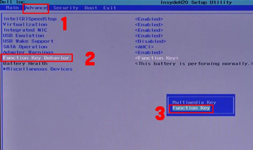 Tìm đến Advanced hoặc Function Key Behavior trong BIOS
