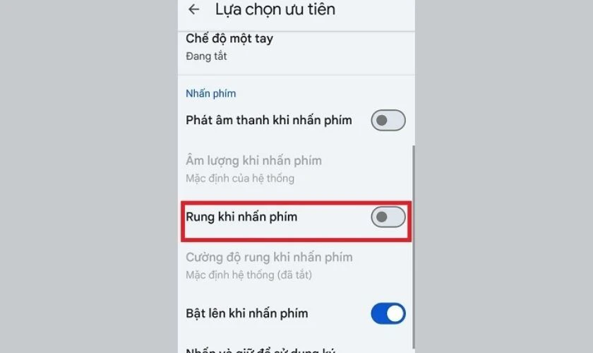 Kéo xuống và tìm mục Rung khi nhấn phím