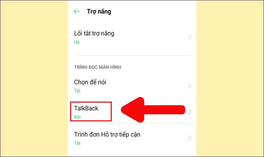 H&atilde;y t&igrave;m đến mục Talkback