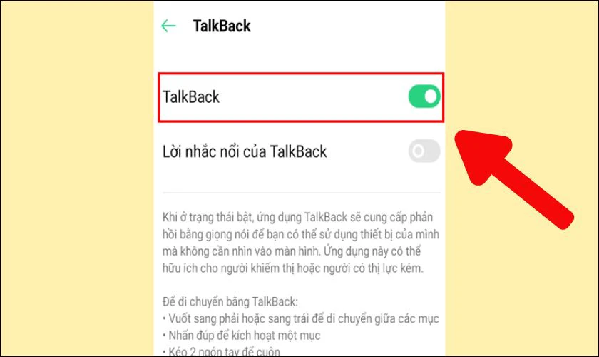 Gạt n&uacute;t để tắt Talkback tr&ecirc;n OPPO