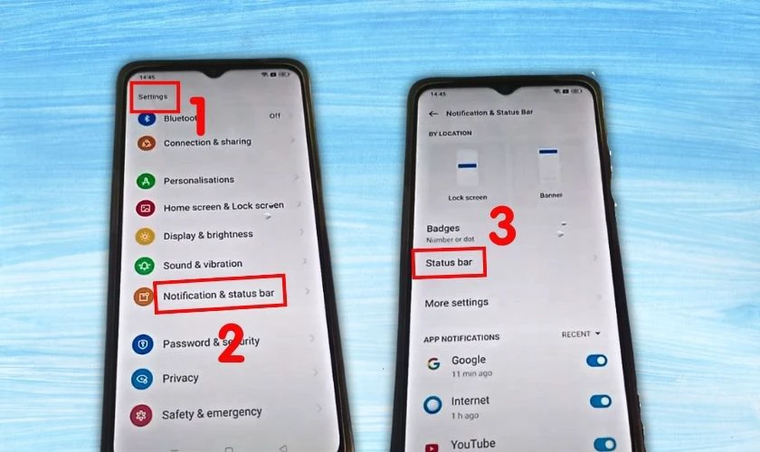 Chọn Notification & status bar, rồi tiếp tục t&igrave;m nhấn Status bar