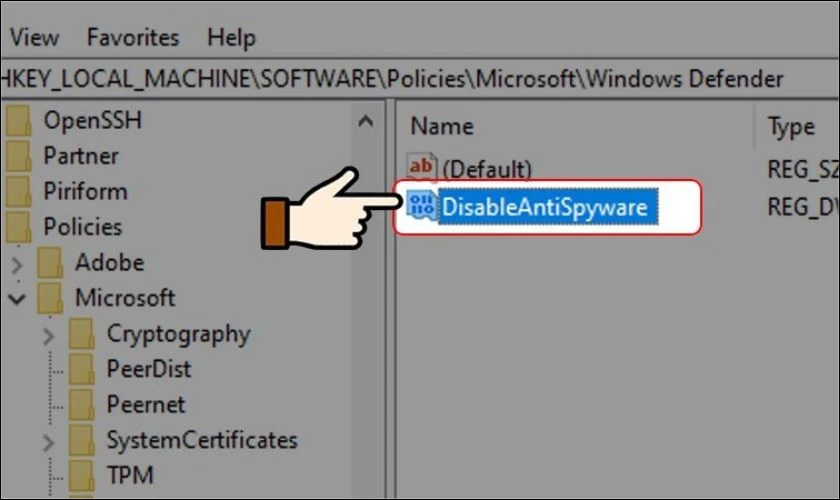 Kích đúp chuột vào khóa DisableAntiSpyware mới tạo