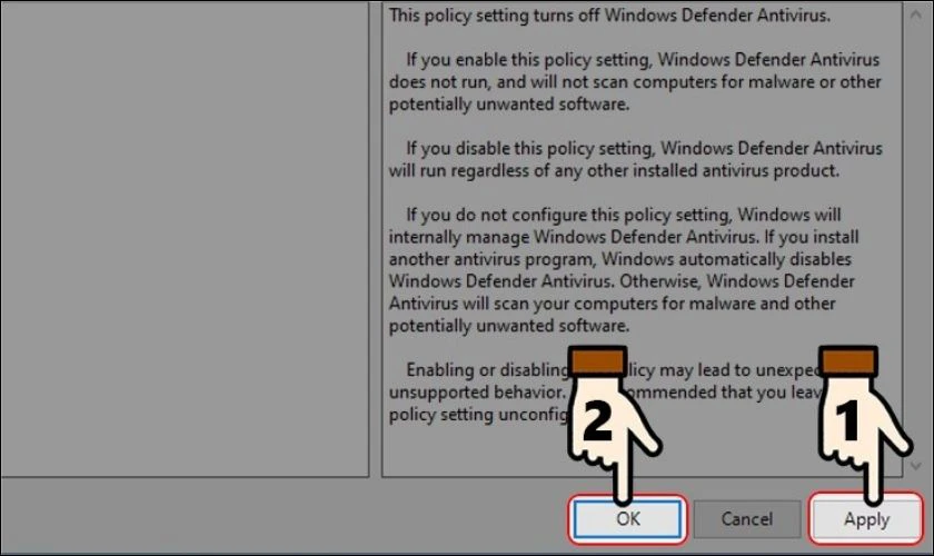 Chọn Turn off Windows Defender Antivirus và chuyển trạng thái thành Enabled