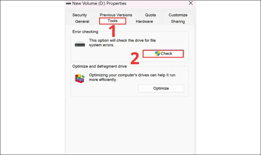 Chuyển sang tab Tools và nhấp vào nút Check