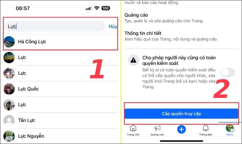 Chọn người được đề nghị l&agrave;m quản trị vi&ecirc;n. Tiếp tục nhấn Cấp quyền truy cập