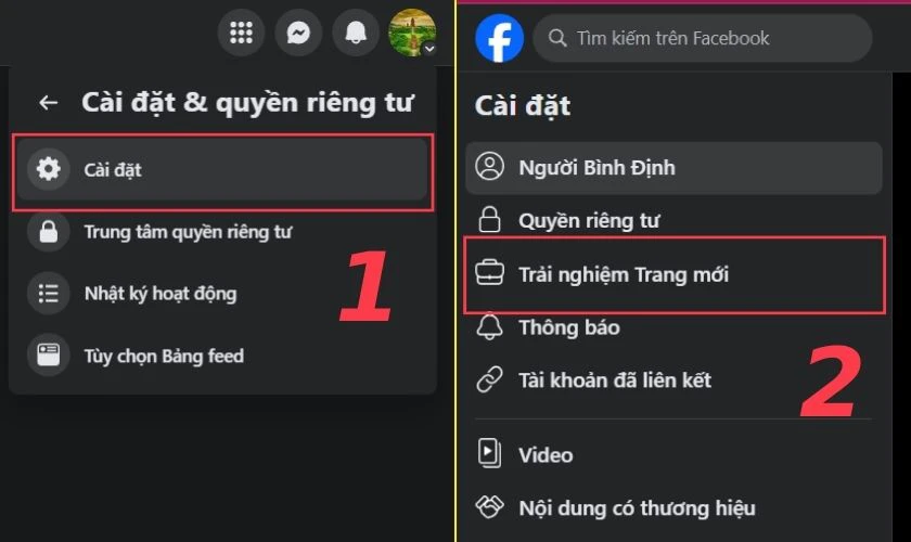 Nhấn chọn C&agrave;i đặt v&agrave; chọn v&agrave;o mục Trải nghiệm Trang mới