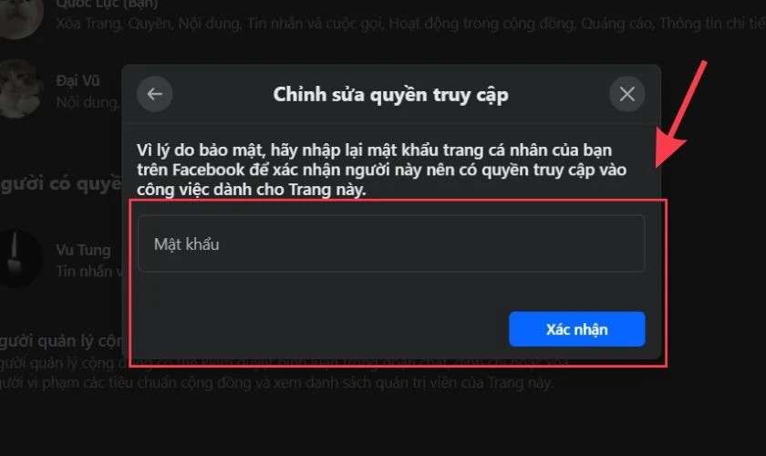 Thực hiện cấp mật khẩu t&agrave;i khoản c&aacute; nh&acirc;n đ&atilde; tạo Fanpage để x&aacute;c nhận