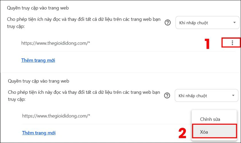 T&ugrave;y chỉnh quyền truy cập của tiện &iacute;ch - X&oacute;a