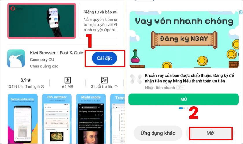 Mở Google Play Store, t&igrave;m kiếm Kiwi Browser v&agrave; nhấn C&agrave;i đặt