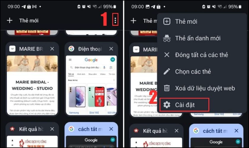 Mở trình duyệt web và chọn Cài đặt trên điện thoại Android