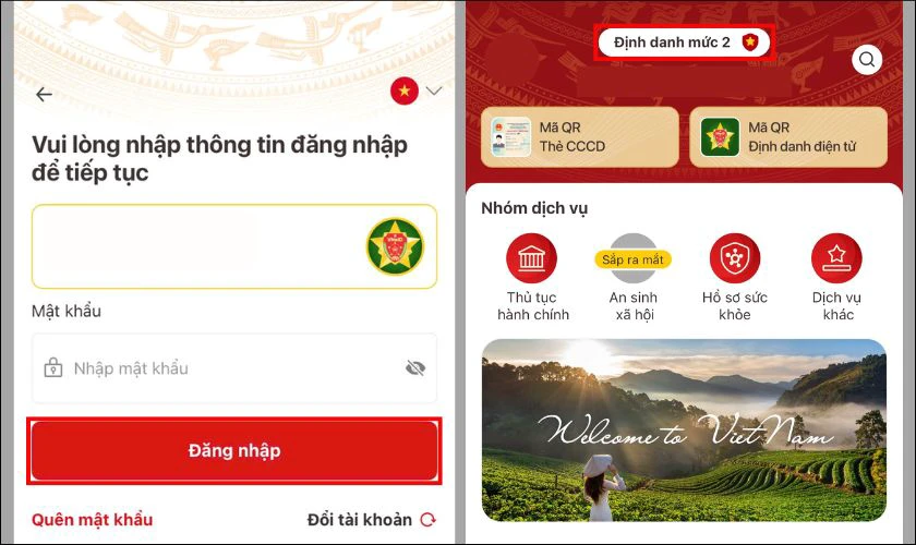 Đăng nhập v&agrave;o ứng dụng VNeID